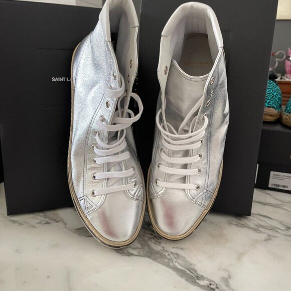 YSL Saint Laurent 711267 Metallic Silver Mens Malibu Mid-Top Sneaker Shoe, 41/45 - Picture 5 of 16